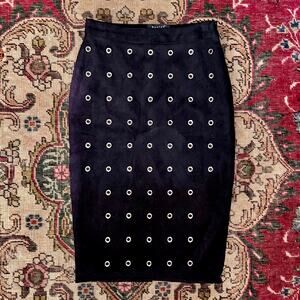 Beulah Style Black Faux Suede Grommet Pencil Skirt Size Small